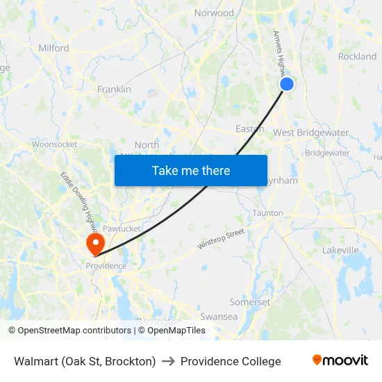 Walmart (Oak St, Brockton) to Providence College map