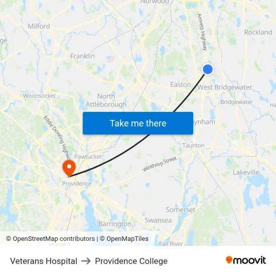 Veterans Hospital to Providence College map