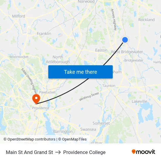 Main St And Grand St to Providence College map