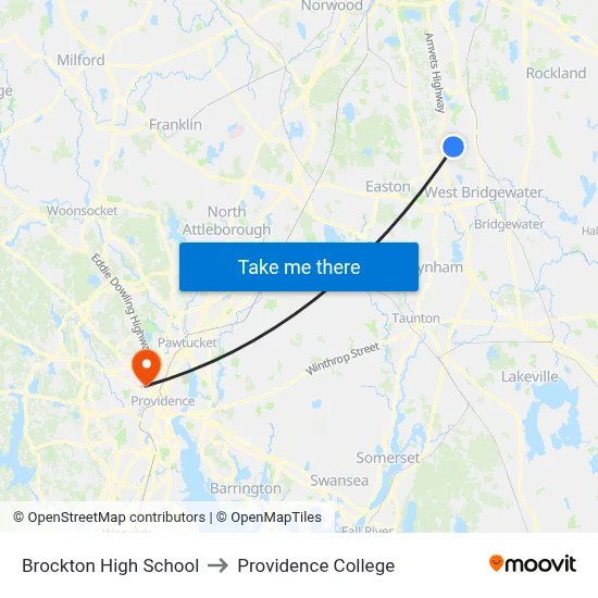 Brockton High School to Providence College map