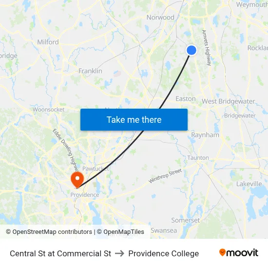 Central St at Commercial St to Providence College map