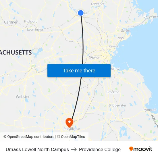 Umass Lowell North Campus to Providence College map