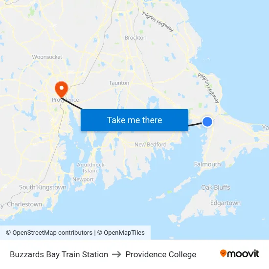 Buzzards Bay Train Station to Providence College map