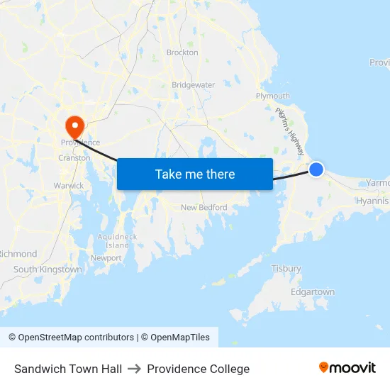 Sandwich Town Hall to Providence College map