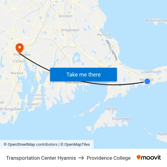 Transportation Center Hyannis to Providence College map