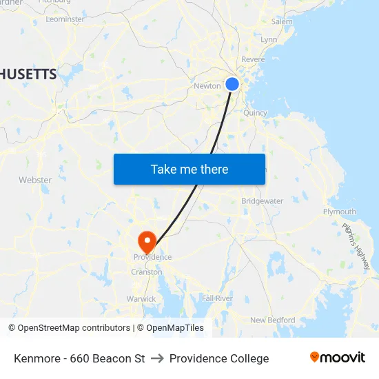 Kenmore - 660 Beacon St to Providence College map