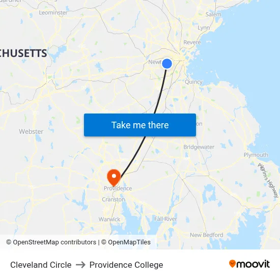 Cleveland Circle to Providence College map