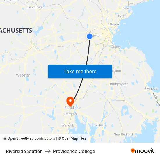 Riverside Station to Providence College map