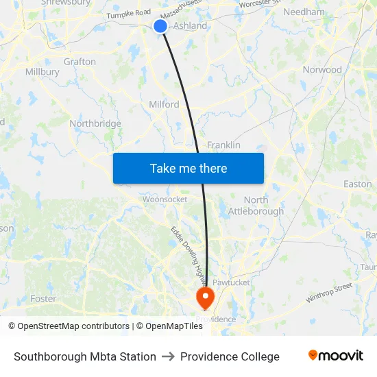 Southborough Mbta Station to Providence College map