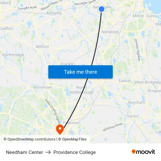 Needham Center to Providence College map