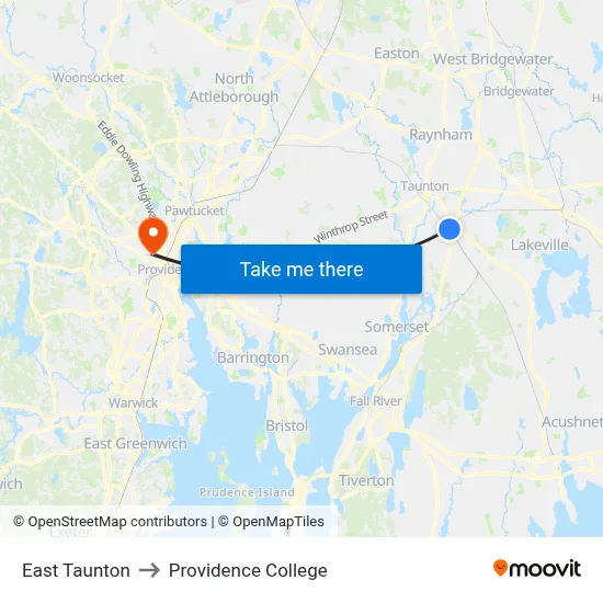 East Taunton to Providence College map