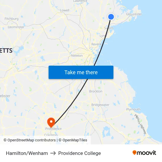 Hamilton/Wenham to Providence College map