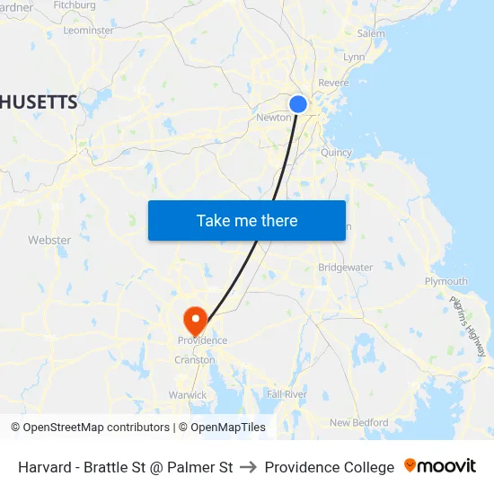 Harvard - Brattle St @ Palmer St to Providence College map
