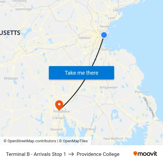 Terminal B - Arrivals Stop 1 to Providence College map