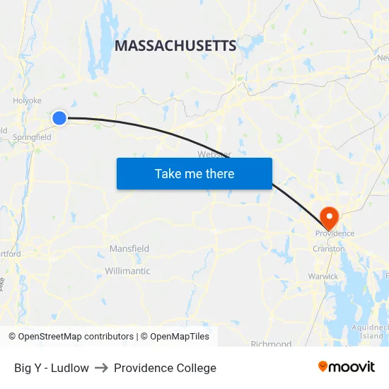 Big Y - Ludlow to Providence College map
