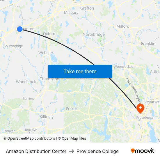 Amazon Distribution Center to Providence College map