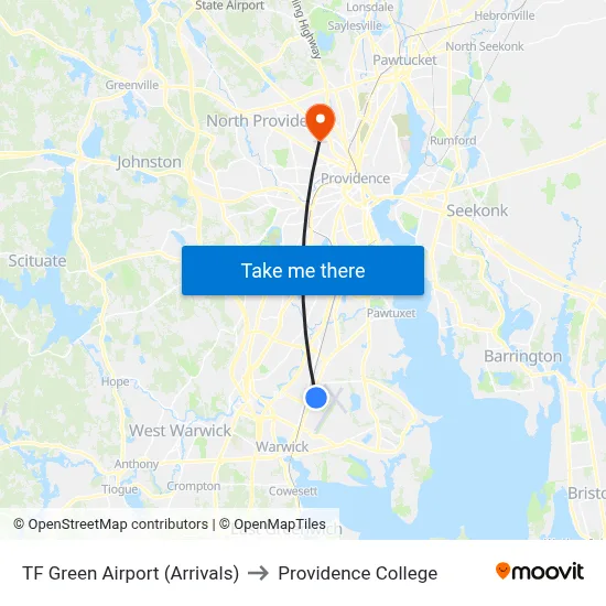 TF Green Airport (Arrivals) to Providence College map