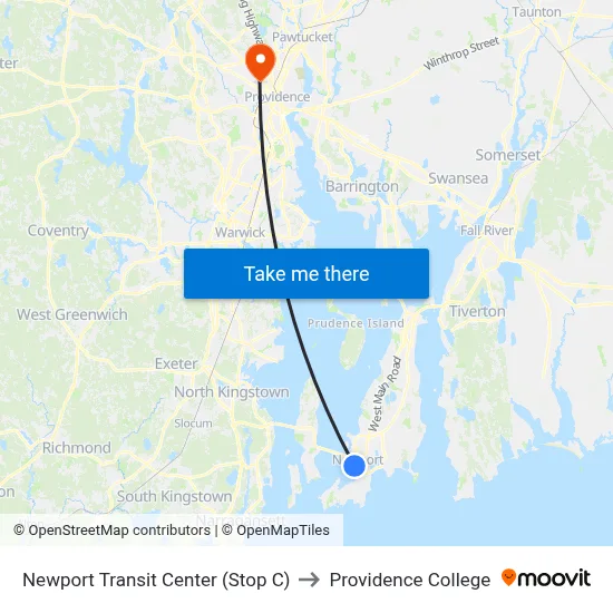 Newport Transit Center (Stop C) to Providence College map
