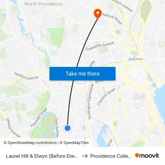 Laurel Hill & Elwyn (Before Elwyn) to Providence College map