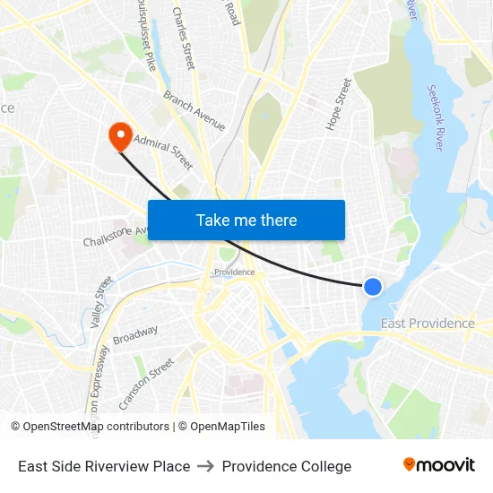 East Side Riverview Place to Providence College map