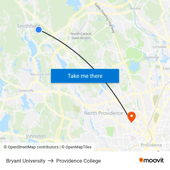 Bryant University to Providence College map