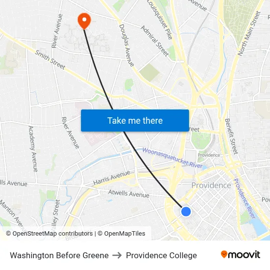 Washington Before Greene to Providence College map