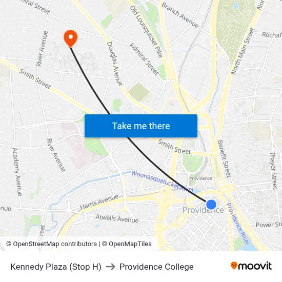 Kennedy Plaza (Stop H) to Providence College map
