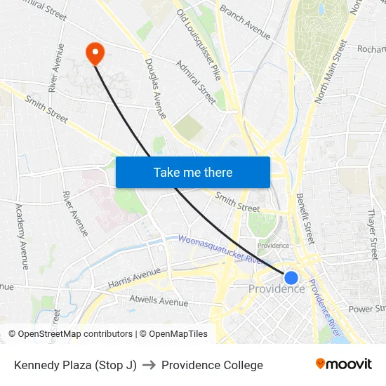 Kennedy Plaza (Stop J) to Providence College map