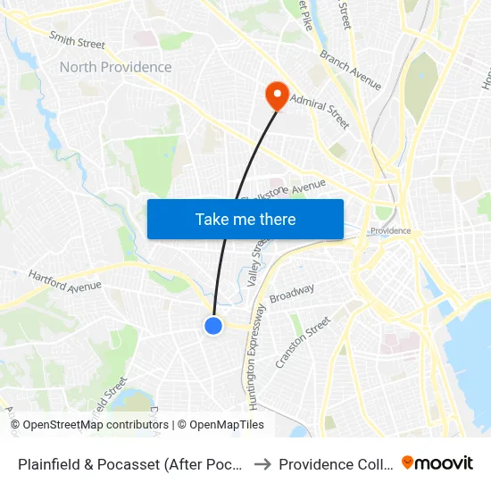 Plainfield & Pocasset (After Pocasset) to Providence College map