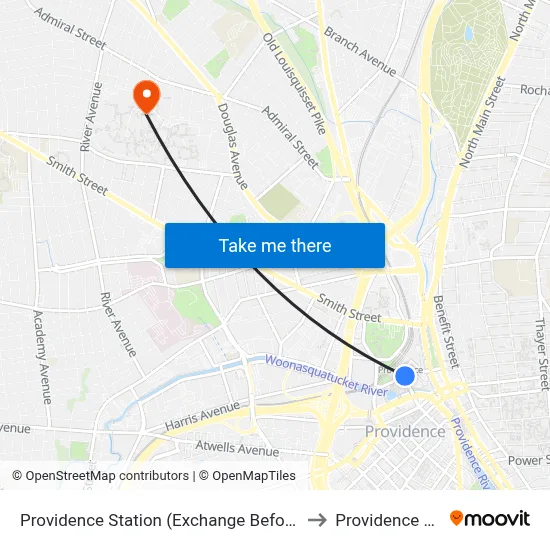 Providence Station (Exchange Before Park Row W) to Providence College map