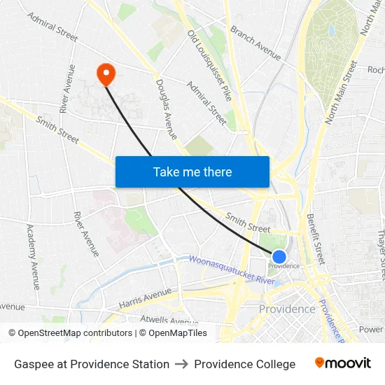 Gaspee at Providence Station to Providence College map