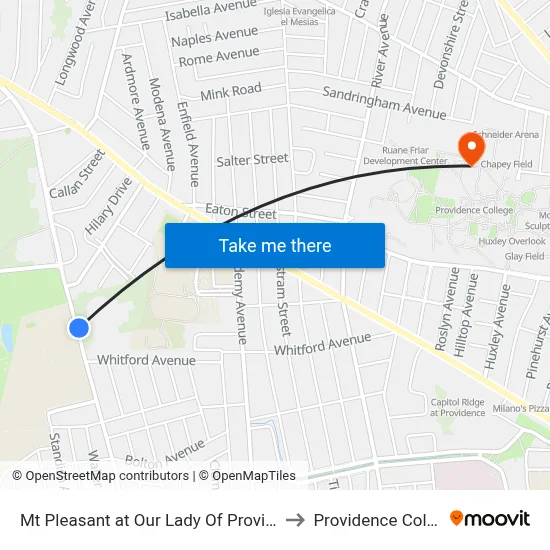 Mt Pleasant at Our Lady Of Providence to Providence College map