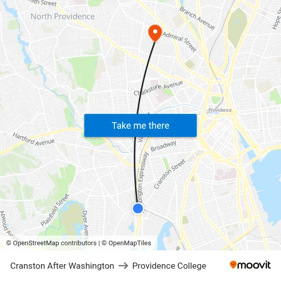 Cranston After Washington to Providence College map