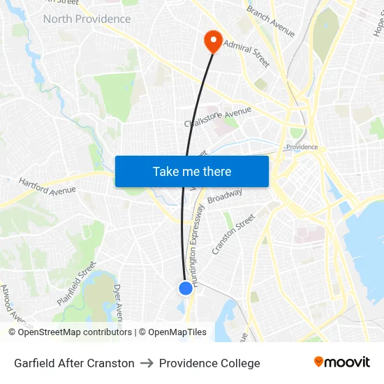 Garfield After Cranston to Providence College map