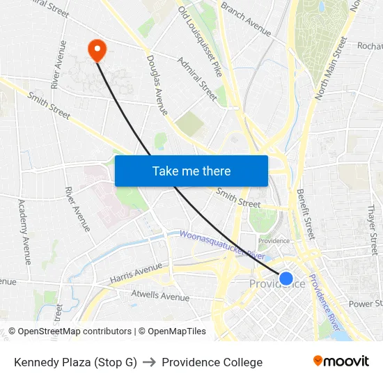 Kennedy Plaza (Stop G) to Providence College map