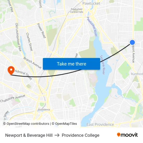 Newport & Beverage Hill to Providence College map