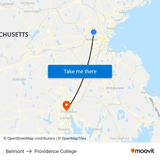 Belmont to Providence College map