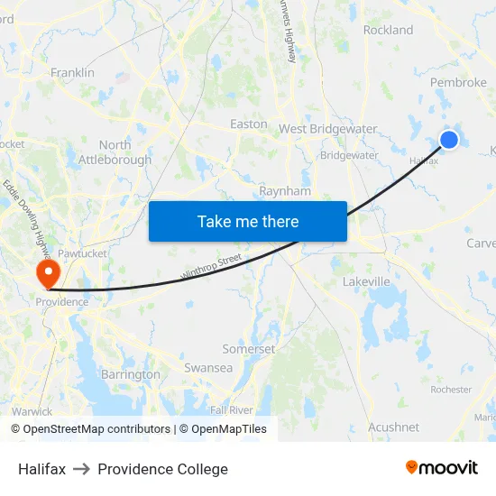 Halifax to Providence College map