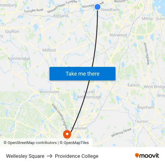 Wellesley Square to Providence College map
