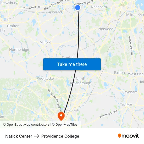 Natick Center to Providence College map