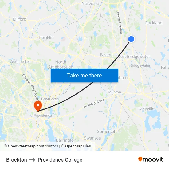 Brockton to Providence College map