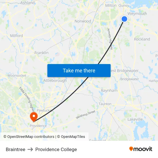 Braintree to Providence College map