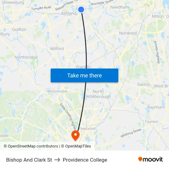 Bishop And Clark St to Providence College map