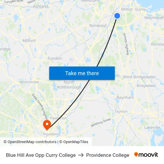 Blue Hill Ave Opp Curry College to Providence College map