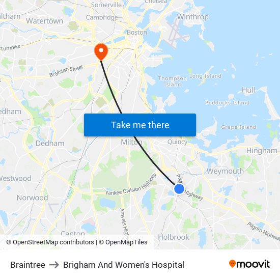 Braintree to Brigham And Women's Hospital map