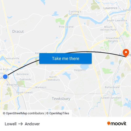 Lowell to Andover map