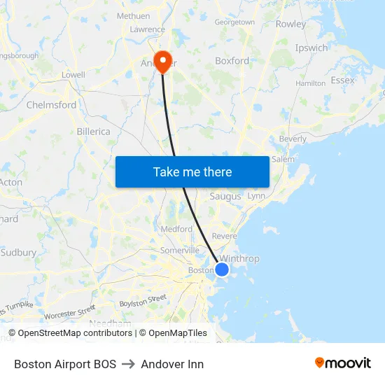 Boston Airport BOS to Andover Inn map