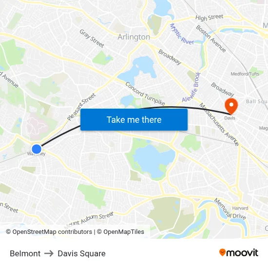 Belmont to Davis Square map