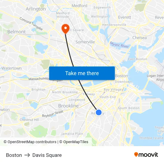 Boston to Davis Square map