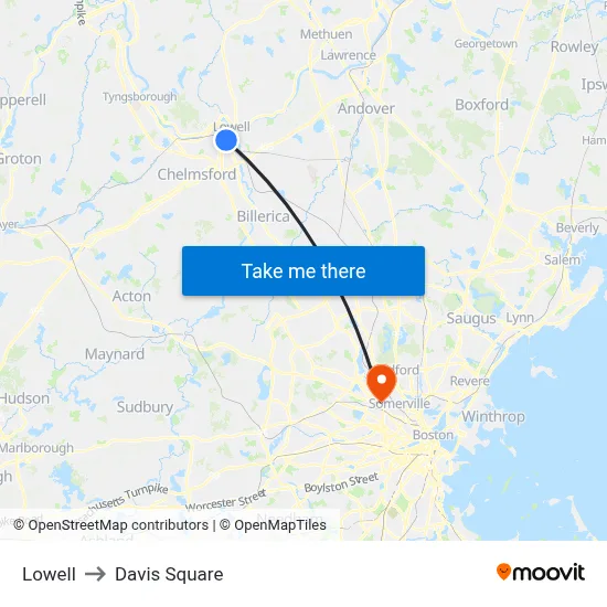 Lowell to Davis Square map